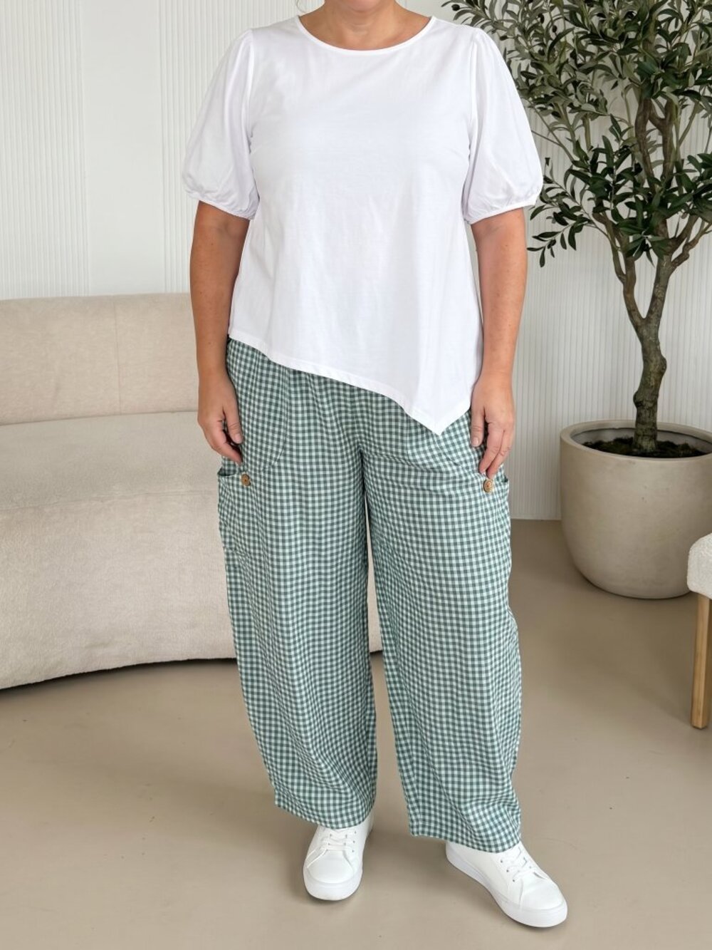 Made in Italy Viscose Gingham Barrel Pants - Sage - Fits up to Size 2X